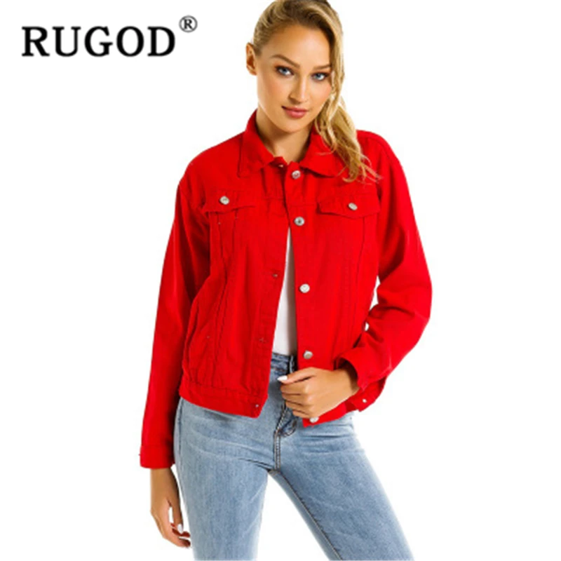 RUGOD/Женские однотонные красные джинсовые куртки с отложным воротником; базовые узкие джинсы; пальто; Новинка года; осеннее поступление; модная женская верхняя одежда modis
