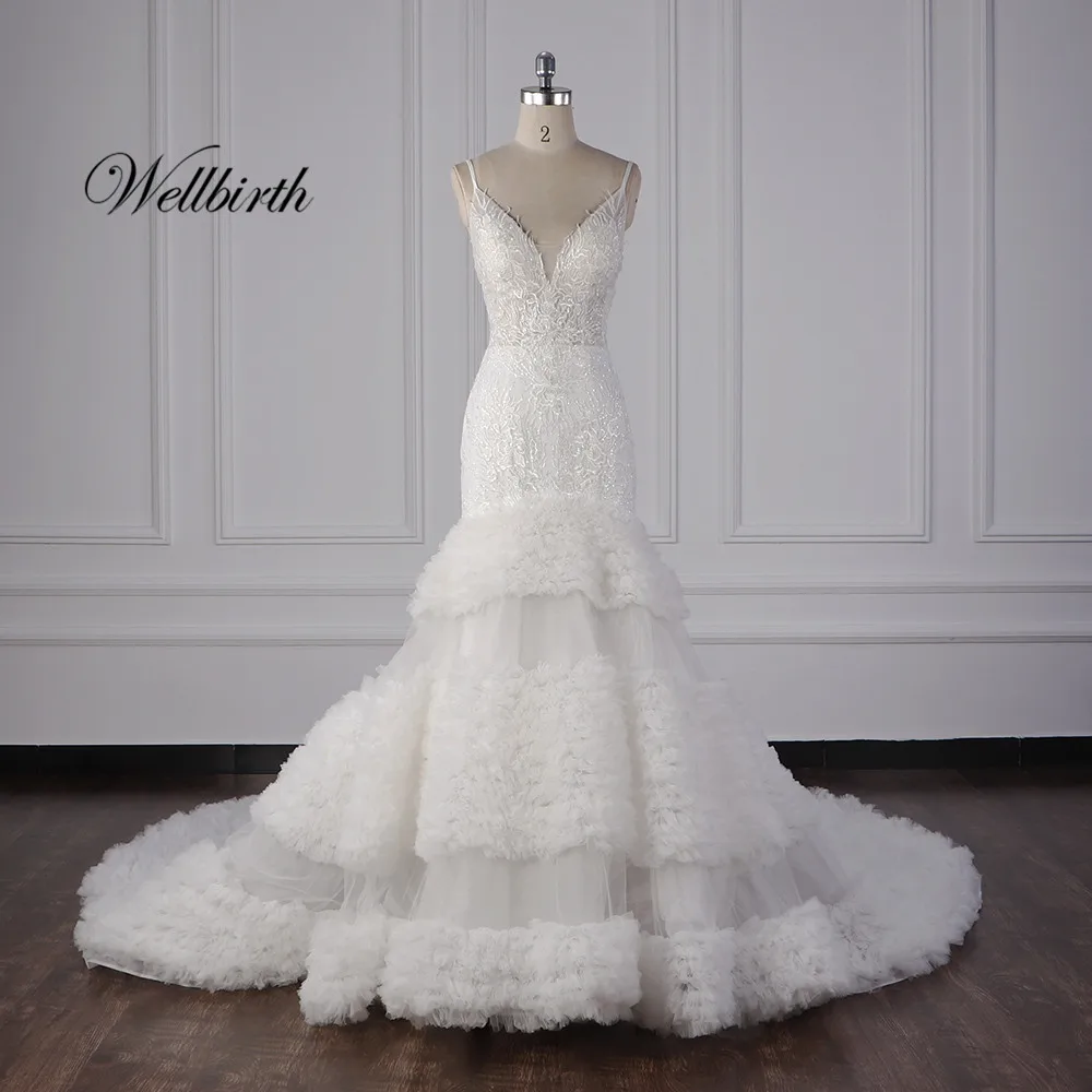 Реальное изображение Wellbirth Vestido de novia v-образным вырезом платье-Русалка на тонких бретельках свадебное платье кружева Спина подвенечное платье js003