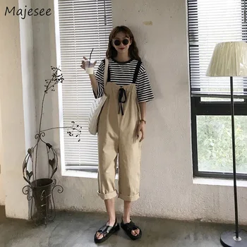 

Jumpsuits Women Solid Lace Up Loose Straight Ankle-length Simple Korean Style Kawaii Harajuku All-match Girls Overalls Casual