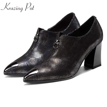 

Krazing pot special sheep leather pointed toe thick high heels deep mouth big size handmade gorgeous metal decoration pumps l09