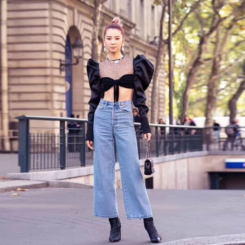 

Europe Fashion Sexy Tide Women Short Blouse Vintage Mesh Patchwork Diamonds O-neck Puff Sleeve High Street Shirt 2019 Autumn
