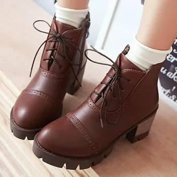 

Hot Sale Large Sizes 43 Platform non-slip Chunky Heels Vintage Lace Up Brogue Shoes Women Ankle Boots Female