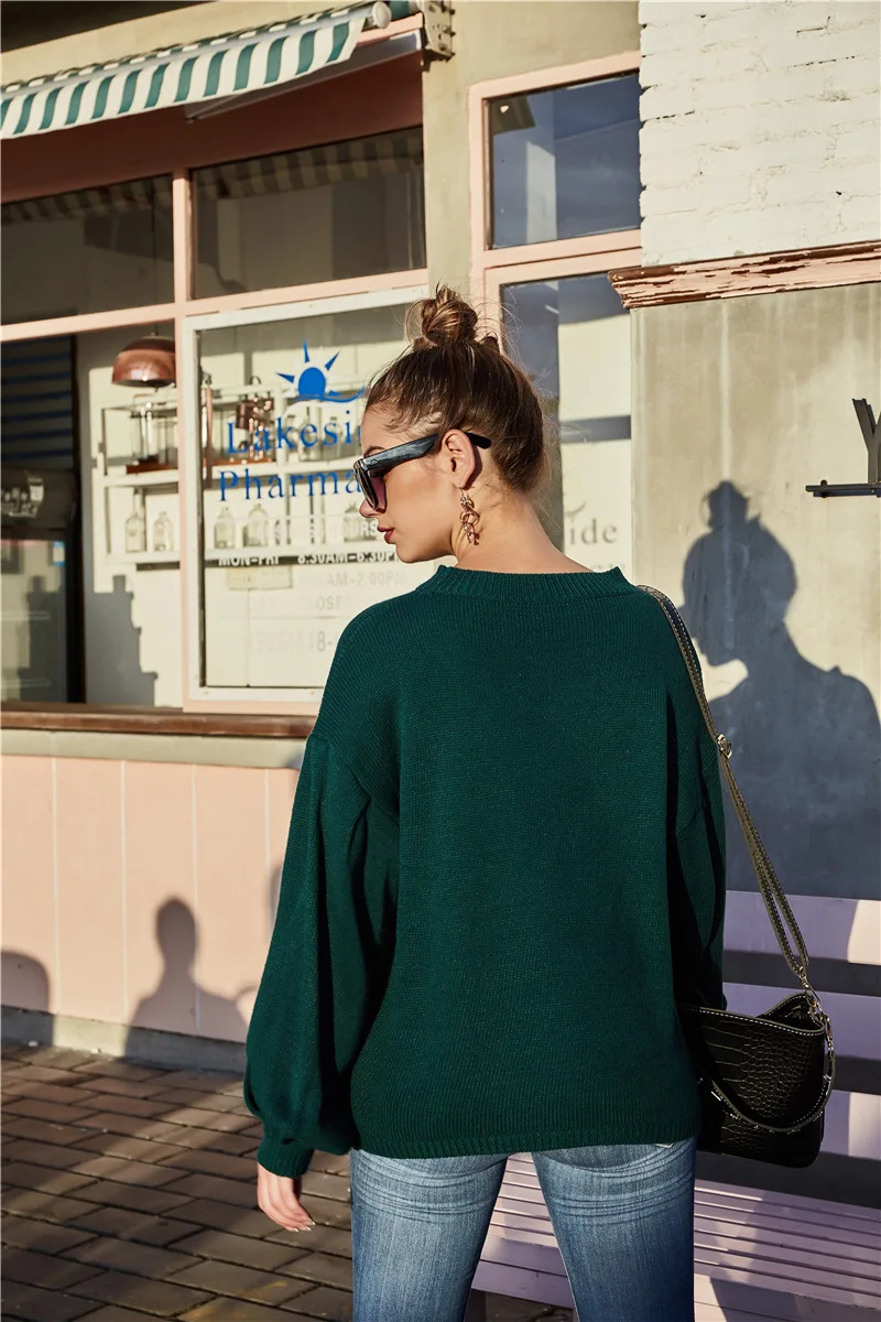 EVERAFTER Vintage solid knitted sweater women Autumn winter jumper O-neck lantern sleeve loose soft warm female pullover sweater christmas sweaters