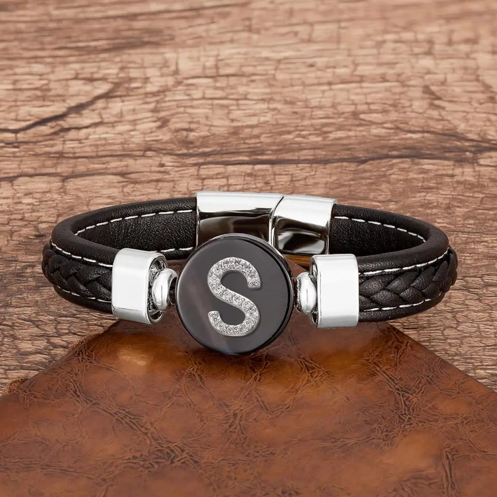 A-z Initial Letter Bracelet For Men 26 Zircon Letter Charm Bracelets Black Braided Leather Rope Chain Bangles Man Gifts