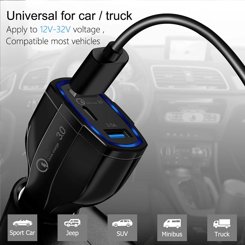 QC3.0 5 V/3.5A 2 USB порта+ 1 type c автомобильное зарядное устройство адаптер Быстрая зарядка 2,0 type-C Быстрая зарядка для iPhone Xiaomi samsung и т. Д