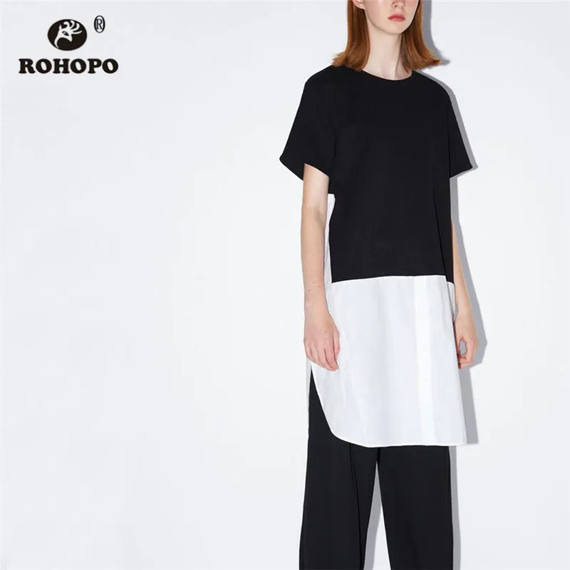 

ROHOPO Patchwork O Collar Round Edge Woman Long Cotton Blouse Buttom Buttons Fly Straight Black White Splice Top Shirt #9757