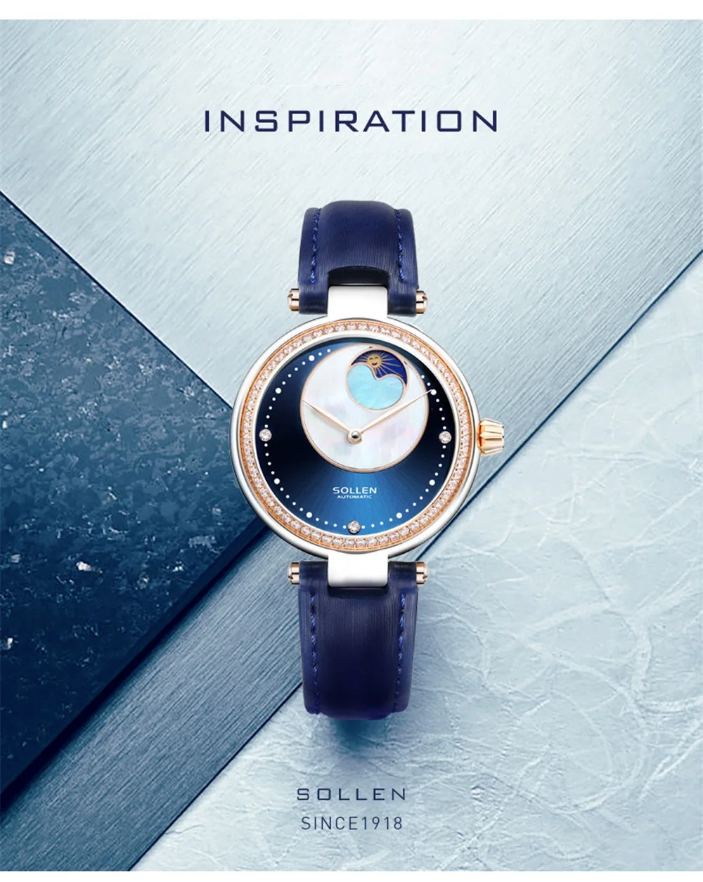 SOLLEN, синие женские часы, женские часы с бриллиантами, женские Автоматические механические часы для девочек, Montre Femme