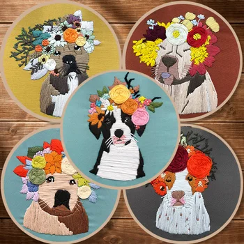 

Lovely Dog Pattern Embroidery Kit with Hoop for Beginner Needlework Kits Cross Stitch Sewing Art Craft Painting Home Decoration