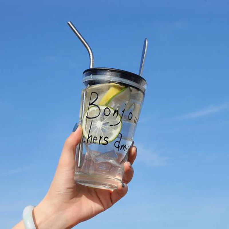 

Net Red Ins With Straw Cup Female Cute Portable Heat-proof Explosion-proof Transparent Glass Girl Heart Cup Students