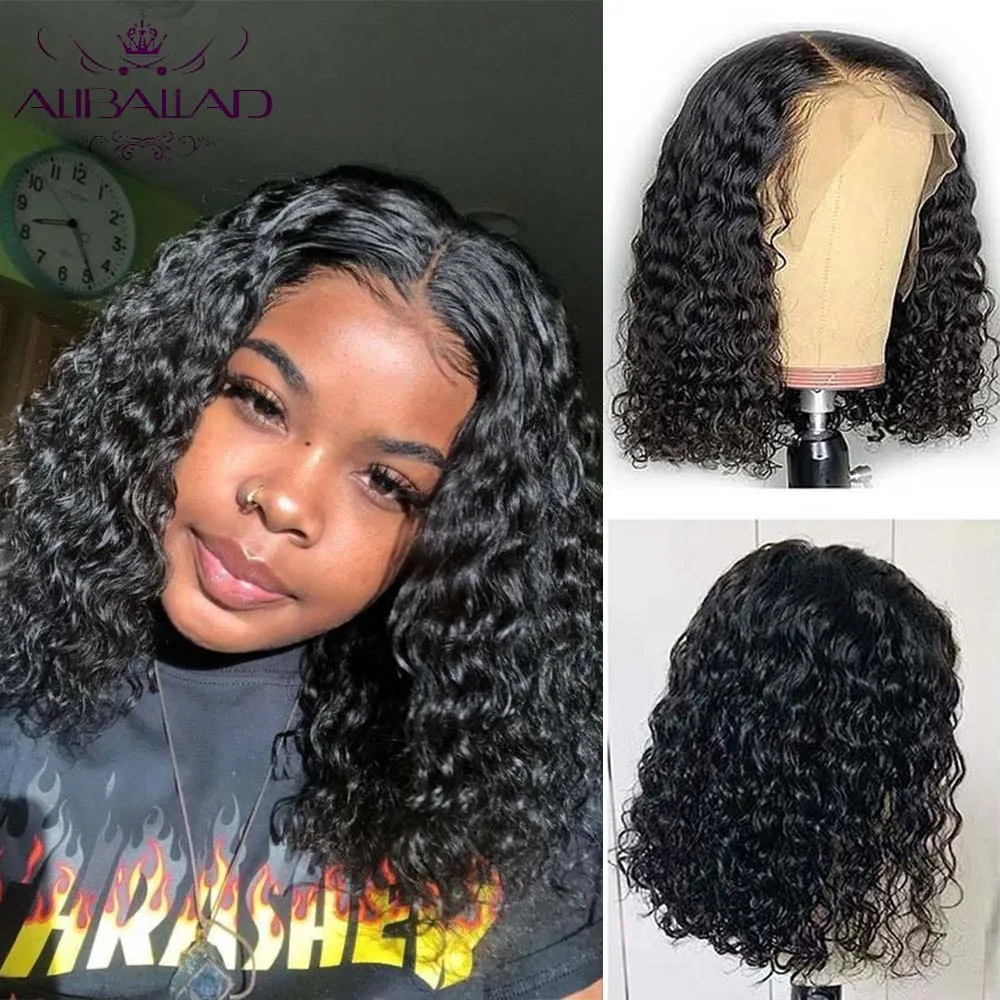 Short Bob Lace Front Wigs With Baby Hair Pre Plucked Peruvian Remy Water Wave Wig For Women 150% 4x4 Closure | Шиньоны и парики