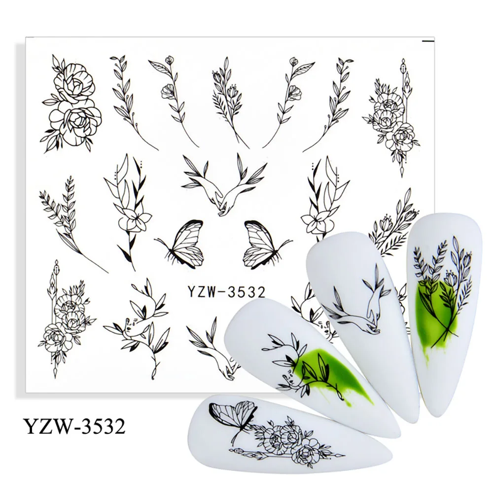 Big Patten Words Nail Stickers For Nails Flower Nail Art Sticker Geometric Black Transfer And Decals Leaf Watermark Nails Decal Nail Stickers