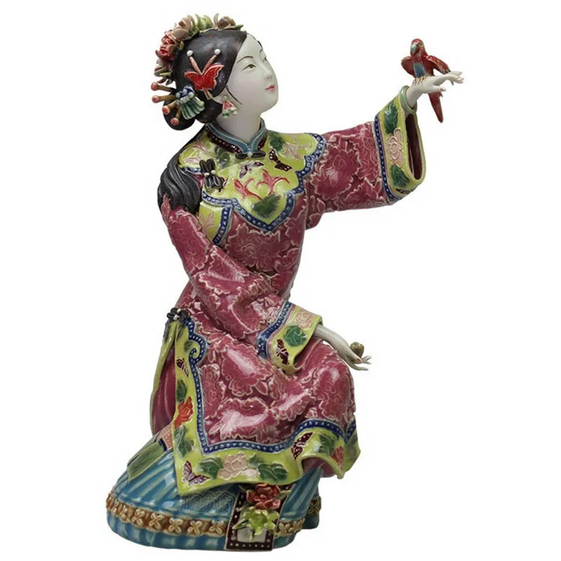 Античный китайский фарфор декоративная фигурка для дома статуя керамический орнамент Классическая Дамская Весенняя попугай ремесло роспись искусства R2389