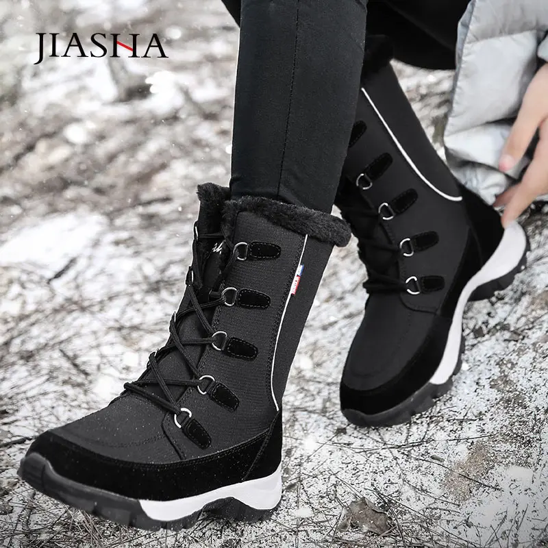 Tanie Buty zimowe damskie buty 2020 nowa solidna z koronkowym up buty śnieżne damskie wysokie góry ciepłe oraz aksamitne wodoodporne buty zimowe kobieta