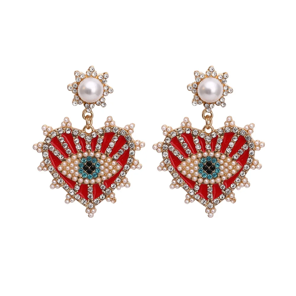 Heart-Shaped Alloy Inlaid Pearl Earrings Street Evil Eye Crystal Ear Pendant Stud Jewelry | Украшения и аксессуары