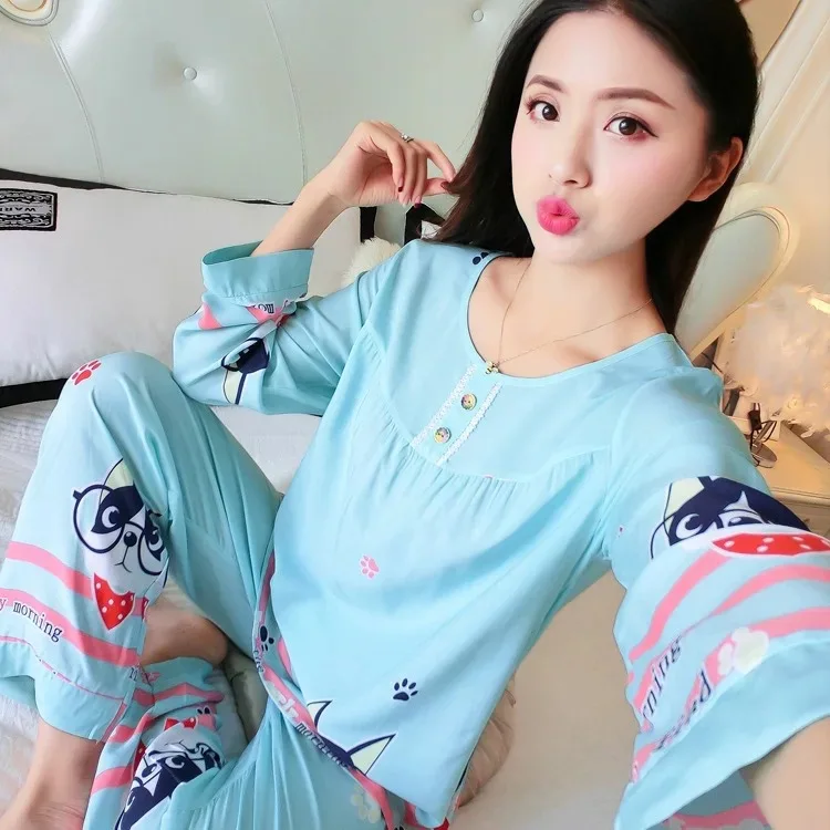

Cotton Silk Pajamas Women's Spring And Autumn Long Sleeve Bourette Set Cute Two-Piece Set Korean-style Loose Thin Tracksuit Summ