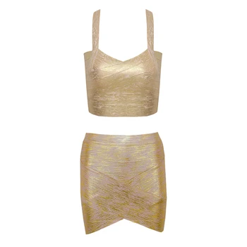 

Hot Ladies Sexy V Neck Bronzing 2 Piece Bandage Dress 2020 Celebrity Designer Fashion Party Dress Vestido