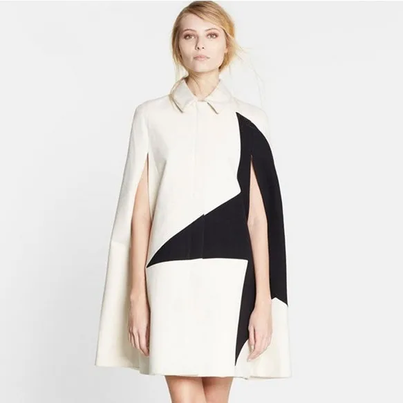 HAMALIEL Runway Women Cloak Outerwear Fall Winter Black White Five stars Patchwork Woollen Female Zippers Poncho Cape Loose Coat | Женская