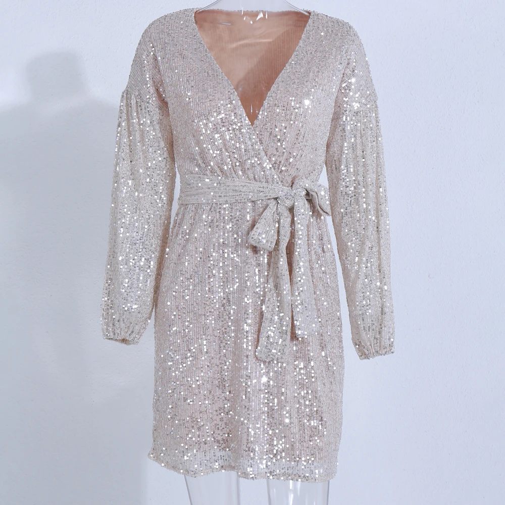 Yesexy Sexy Deep V Neck Sequins Long Sleeve Women Mini Dresses Lace up Solid Color Mini Dresses DM2036