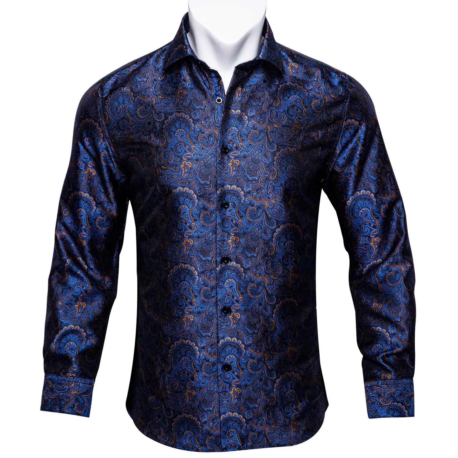 Barry.Wang Blue Gold Paisley Bright Silk Shirts Men Long Sleeve Casual Flower Shirts For Men Designer Fit Dress Shirts BCY-07