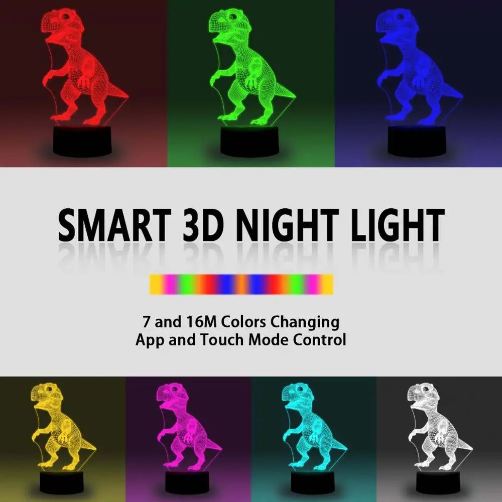 NiteApps Carton Dinosaur 3D RGB LED Night Light Desk Table Illusion Lamp Holiday Birthday Gift APP/Touch Control