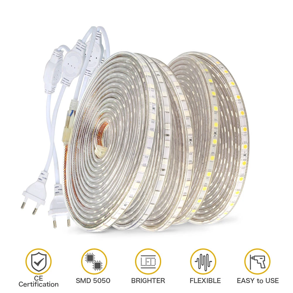 #Best Led Strip Waterproof SMD 5050 Led Tape AC220V Flexible 60 leds Meter outdoor garden lighting with EU plug светодиодная лента