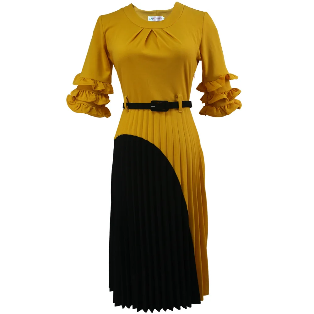 Olivekwok летнее платье размера плюс для вечеринок женское повседневное плиссированное платье с О-образным вырезом и Расклешенным рукавом средней длины в стиле пэчворк KYT009