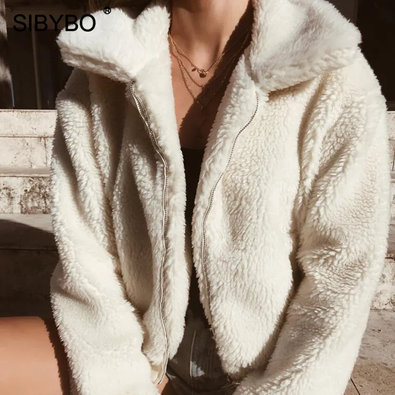 buy SIBYBO Teddy Cozy Warm Winter Jacket Women Long Sleeve Pockets Slim Women Coats and Jackets Solid C