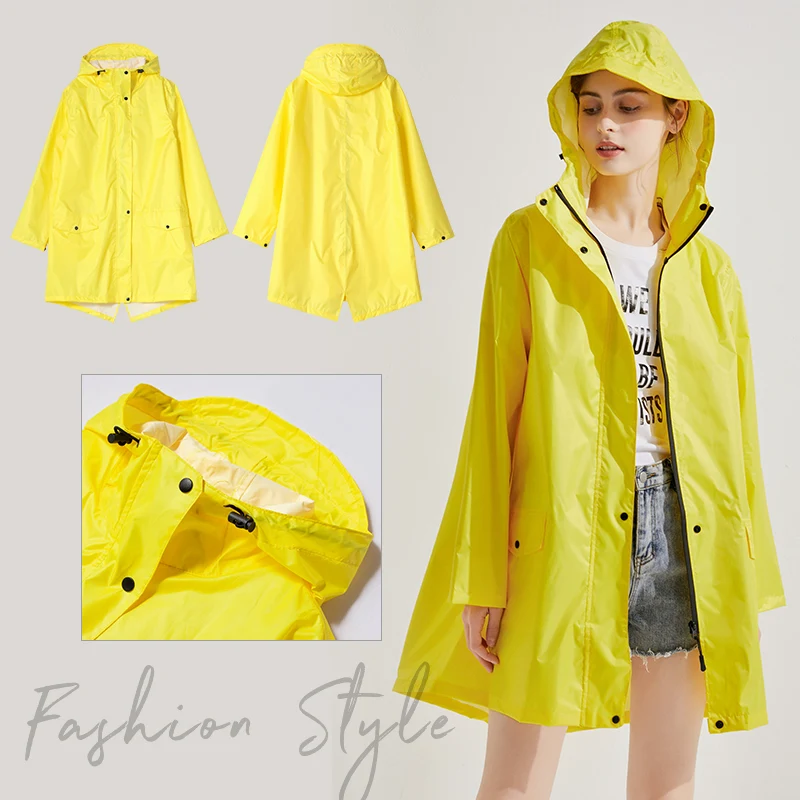 

2021 New Women Stylish Yellow Raincoat Waterproof Rain Jacket with Hood Outdoor hiking thin raincoat