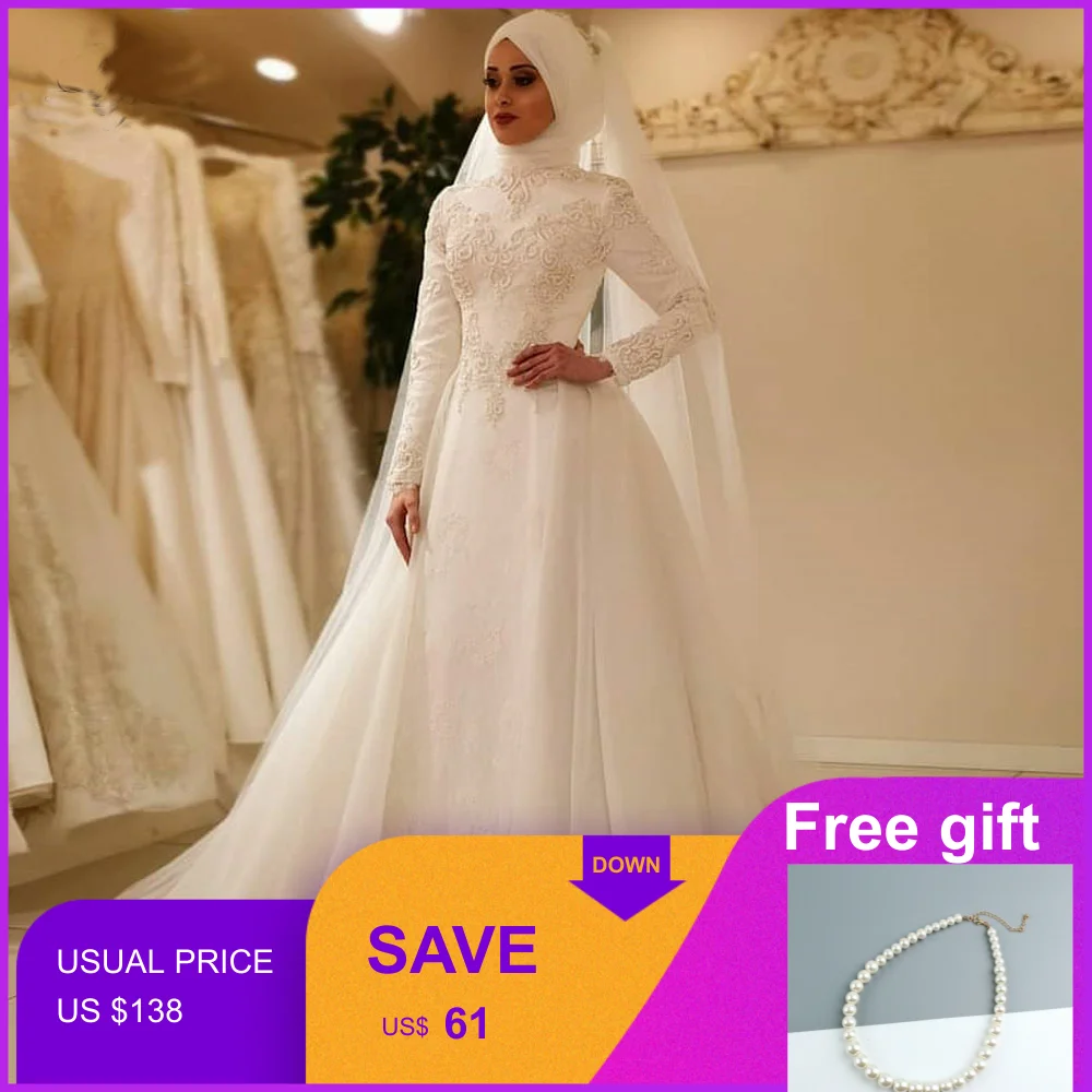 Vestido De Noiva элегантное мусульманское свадебное платье с длинным рукавом и круглым вырезом, фатиновое Кружевное Платье исламского размера плюс на молнии сзади, свадебные платья