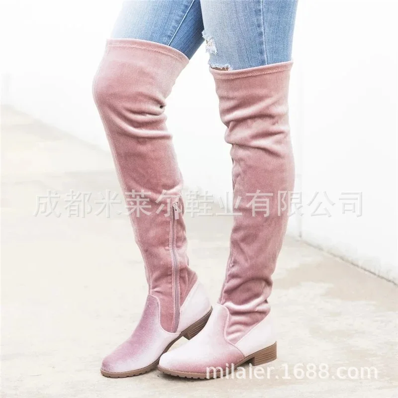 

New Style 2019 Autumn Women's round-Toe Europe And America Stretch Boots Side Zipper Fringed Boots Low Heel WOMEN'S Shoes
