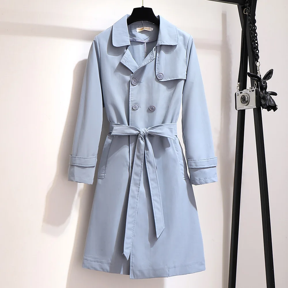 Корейское осеннее зимнее пальто размера плюс для женщин, большое повседневное Свободное длинное пальто с поясом, Розовый Синий 3XL 4XL 5XL 6XL 7XL - Цвет: Синий