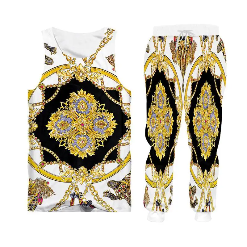 Gold tank tops SETS Бренд барокко мужские толстовки на молнии куртка+ спортивные костюмы Новинка 3D золотой цепи печати спортивный костюм унисекс тренажерный зал одежда на заказ - Цвет: Gold tank tops SETS