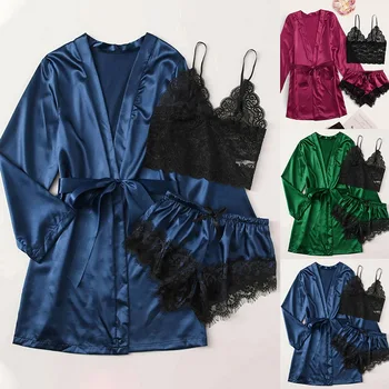 

3 Pieces Set Womens Pajamas Sexy Lace Lingerie Nightwear Underwear Sleepwear 3PC Suit Pajama Sets For Women Pijama Mujer