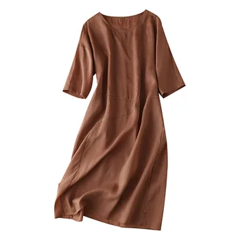 

100% Ramie Straight Dress Patchwork Half Sleeve Mid-Calf O-Neck Robes Elegant Ete Summer 2020 New Vestidos