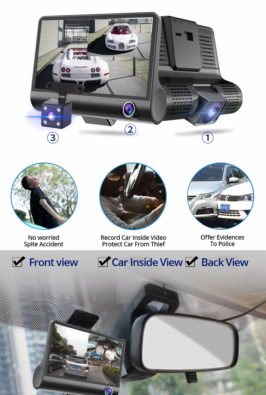 Автомобильный видеорегистратор Knight с 3 объективами s 4,0 дюйма, видеорегистратор с двумя объективами заднего вида, видеорегистратор, видеорегистратор для автомобиля