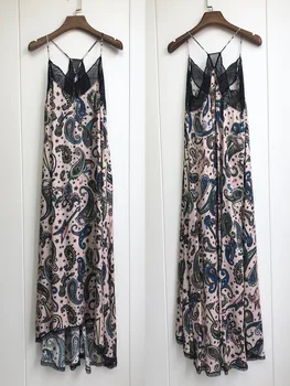 

Women Dress 100% Viscose French Romantic Paisley Print Cashew Printed Halter Lace Midi Dress