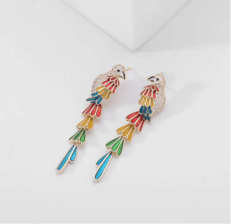Bohemian Ethnic Style Earrings Temperament Personality Design Sense Bird Long Color Feather Drop Oil Parrot Earrings LYI100