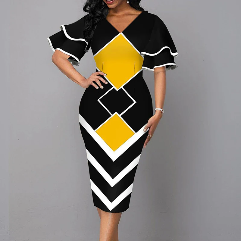 Elegant Women Dress 2021 Summer Fashion V Neck Short Sleeve Sexy Slim Dress Vintage Patchwork Casual Lady Party Dresses Vestido 6