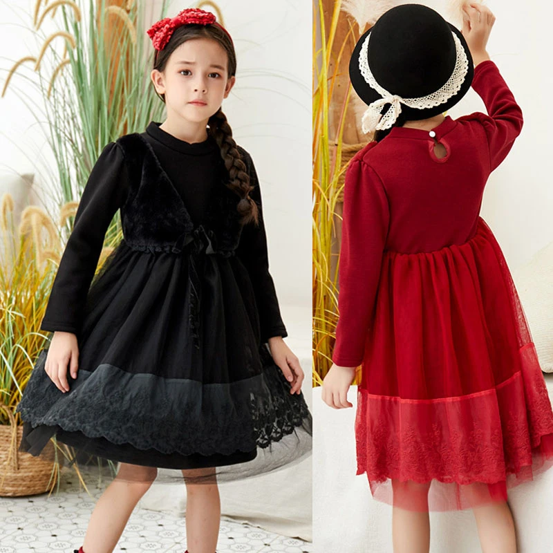 

Christmas Girls Dress Long Sleeve Autumn Kids Children Dresses Teenager Girl Ruffle Kids Winter Child Casual Dress Black Red