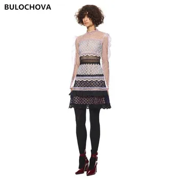 

High-end Design Women Runway Party Midi Dress 2020 Spring Autumn Self Portrait Lace Patchwork Ruffles Long Sleeve Mini Dresses