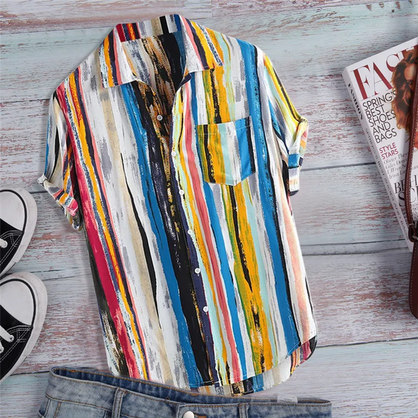Pocket Shirt Men Summer Short Sleeve Top 2019 Striped Shirts Multicolor Top Men Loose Shirts Blouse Casual Beach shirt Pocket Shirt Men Summer Short Sleeve Top 2019 Striped Shirts Multicolor Top Men Loose Shirts Blouse Casual Beach shirt