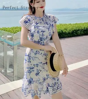 

2020 Spring Summer New Arrival Elegant Round Collar Flower Printed Ruffles Women Lace Slim Dress