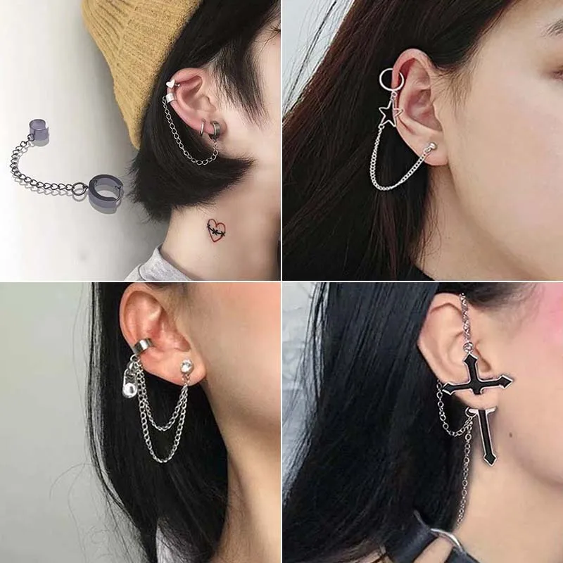 

Punk Ear Clip On Earrings for Women Men Vintage Personality Cross Moon Heart Long Earring Ear Cuffs Fashion Hip Hop Rock Jewelry