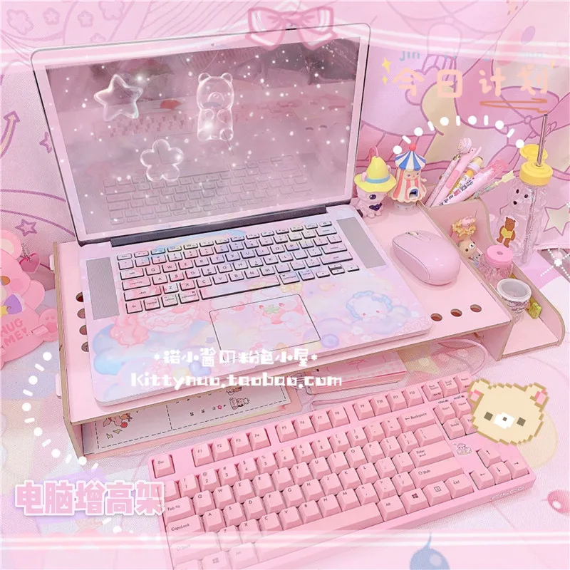Pink Wooden Computer Monitor Increase Rack Laptop Increase Storage Box