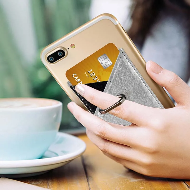 Men Women Credit ID Card Holder Cell Phone Wallet for Men Pocket Stick On Adhesive with Finger Ring Kickstand Secure Grip RFID