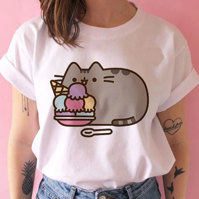 Женская футболка pusheen THE cat, kawaii, забавная женская футболка 90 s, мультяшная, harajuku, графическая, Корейская, ulzzang, топы, футболка, женская футболка