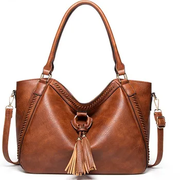 

2020 New Retro Women's Handbag Women's Tassled Big Bag Women's Weave Quality Oil wax leather Shoulder Crossbody Bag