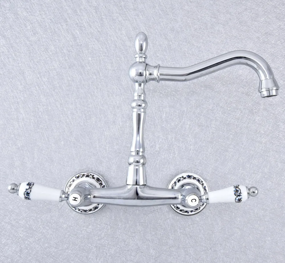 Basin Faucets Polished Chrome Wall Mounted Kitchen Bathroom Sink Faucet Dual Handle Swivel Spout Hot Cold Water Tap Nsf770