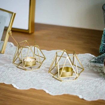 

2 Pcs Hexagonal Geometric Design Tea Lamp Dedication Candle Holder, Tea Candle Holder for Vintage Wedding Decoration