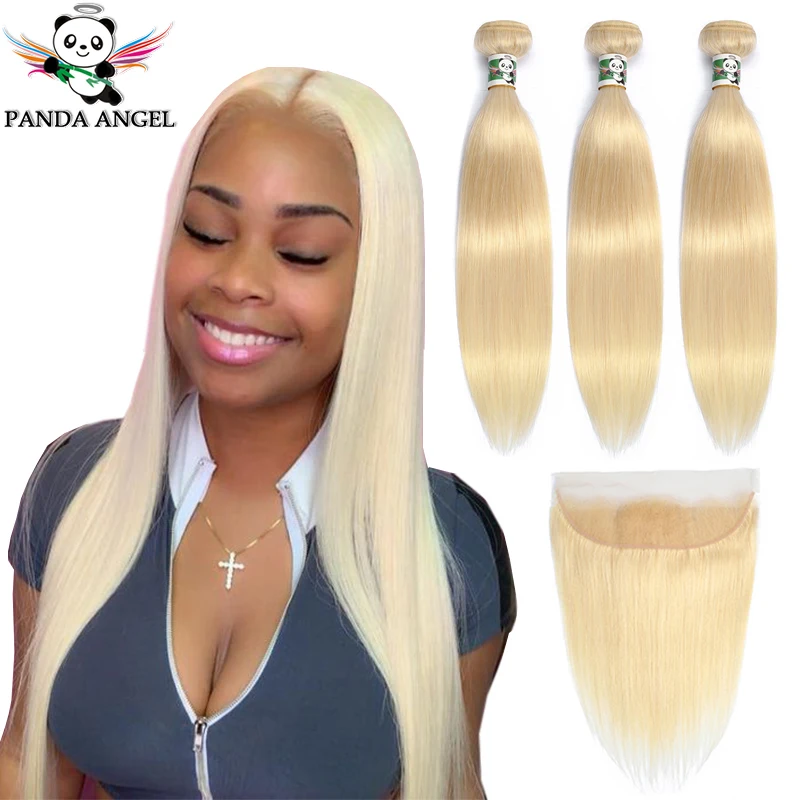 

Blonde 613 Bundles With Frontal Indian Straight 613 Blonde Lace Frontal With Bundles Remy 28Inch Human Hair Weave Bundles Panda